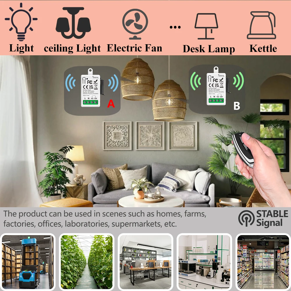 433MHz ワイヤレスリモコン AC 220V 1CH 10A ミニサイズリレー受信機ランプライト電動ファンスイッチ家電