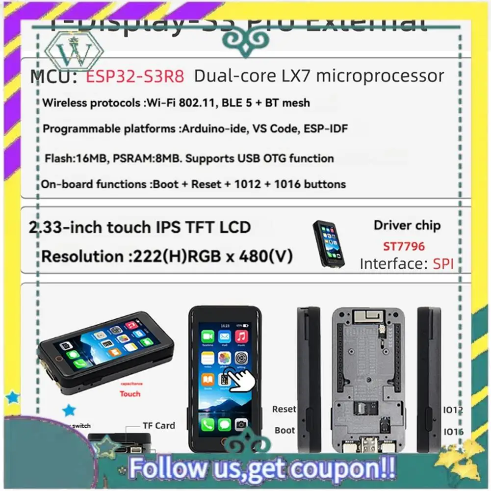 NEW T-Display-S3-Pro ESP32-S3 Enhanced Version With 2.33-Inch Touch LCD Screen Featuring Wifi And Bluetooth