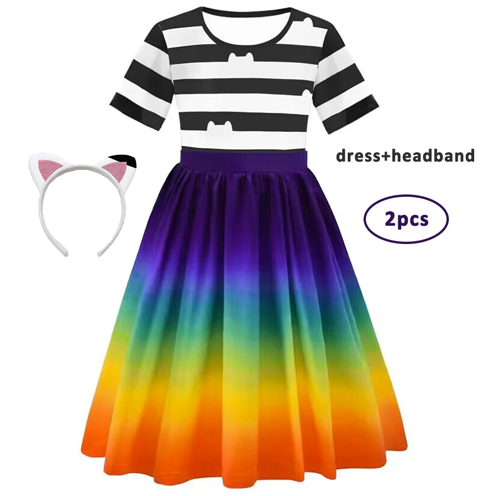 Girls Rainbow Dresses with Headband Gabby's Dollhouse Black And White Stripe Princess Dress Fancy Party Birthday Cosplay Costume