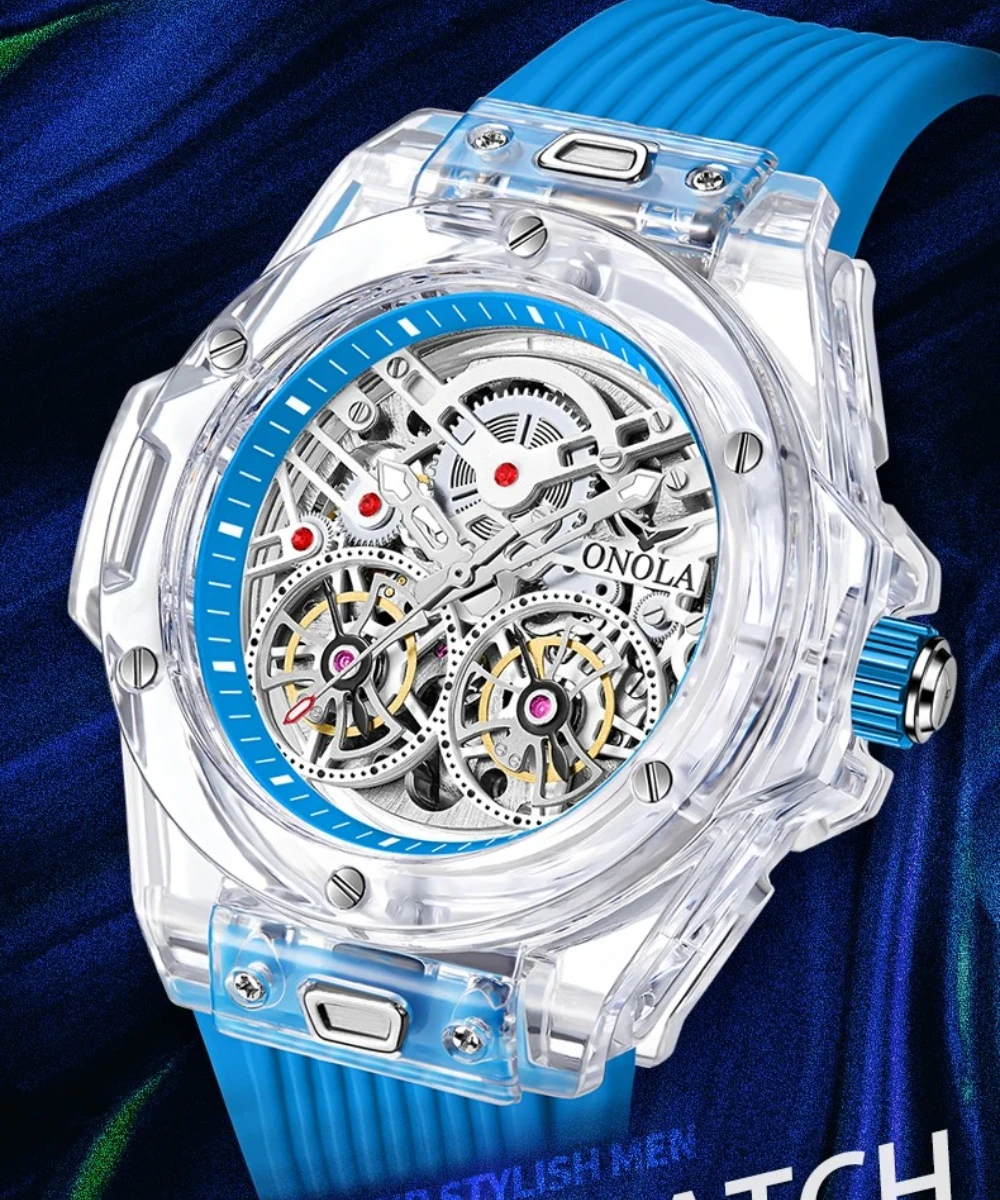 ONOLA 3835 Advanced Fashion Hollow Transparent Fully Automatic Men's Mechanical Watch Double Flying Wheel Design Watches for Man