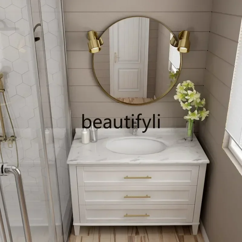 

Q181 Light luxury rock slab bathroom cabinet combination solid wood floor American bathroom washstand washstand bathroom cabine