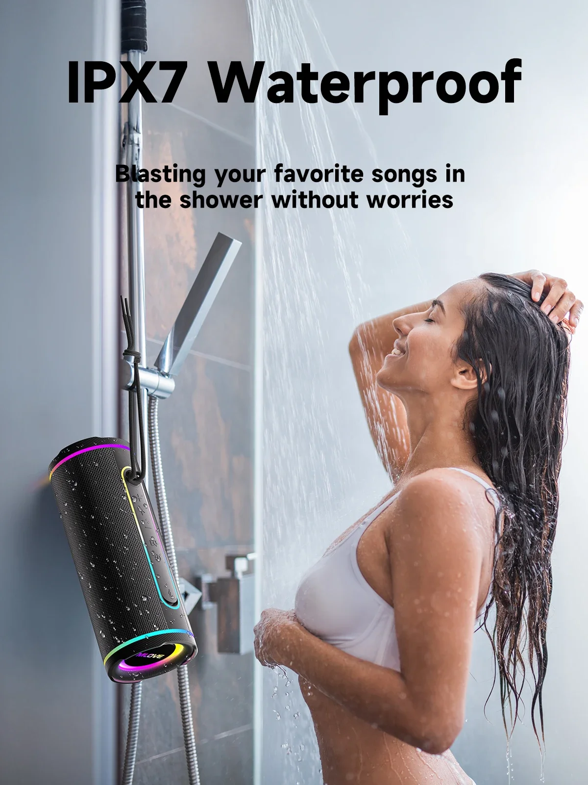 MLOVE E80 One-Touch Bass Bluetooth Speaker 30W Powerful Sound with RGB Lights IPX7 Waterproof Bluetooth 5.4 TWS Connectivity