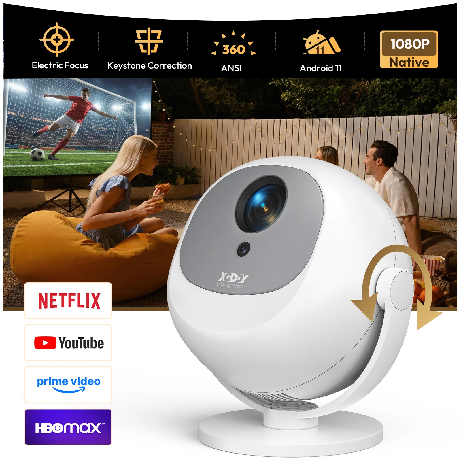XGODY 360ANSI 4K Projector Native 1080P Gimbal A2 Android Electicfocus Keystone Correction Projector 1GB+8GB Wifi6 BT5.2 Home Cinema Outdoor