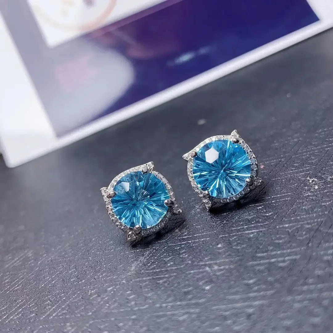 الفاخرة توباز وأقراط للحزب 3.5ct 10 مللي متر VVS الصف الطبيعي توباز أقراط الصلبة 925 الفضة الضوء الأزرق توباز مجوهرات #3