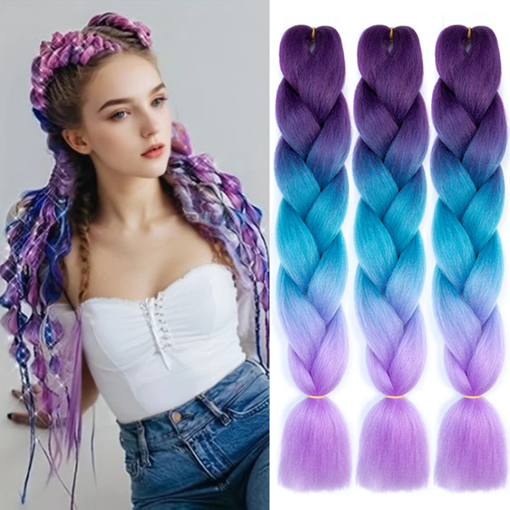 

3 Packs Braiding Hair 24 Inch Rainbow Braiding Hair Extensions Ombre Synthetic Colorful Jumbo Braid Hair Crochet Braids Rose Red