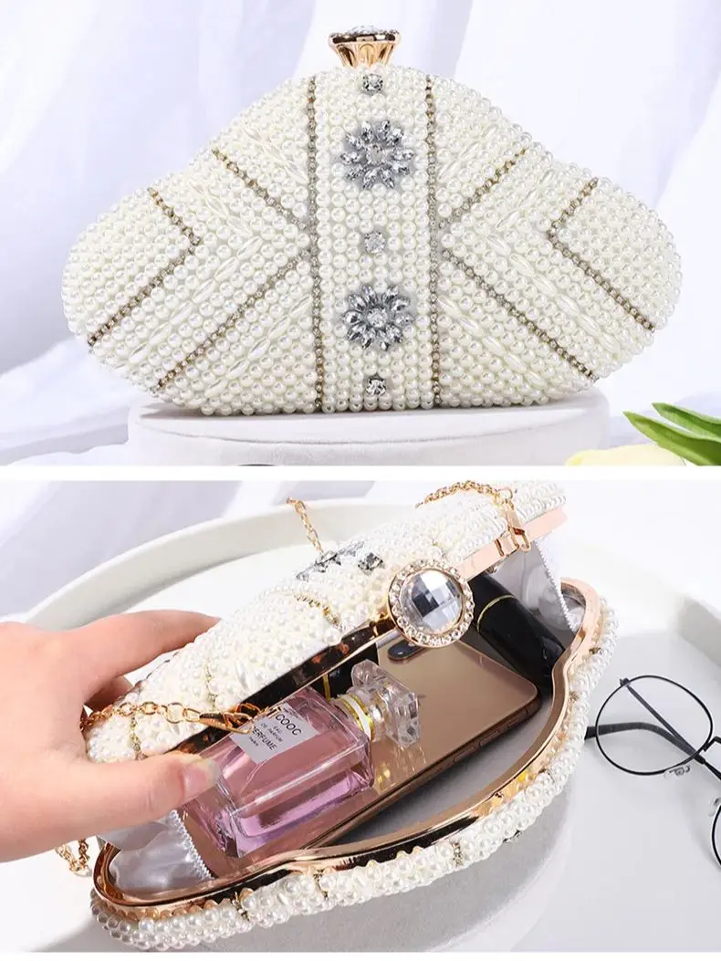 new Style Double-sided Handmade Bead Embroidery Fan-shaped Pearl Rice Beads With Rhinestones Handbag Ladies Formal Dinner Bag