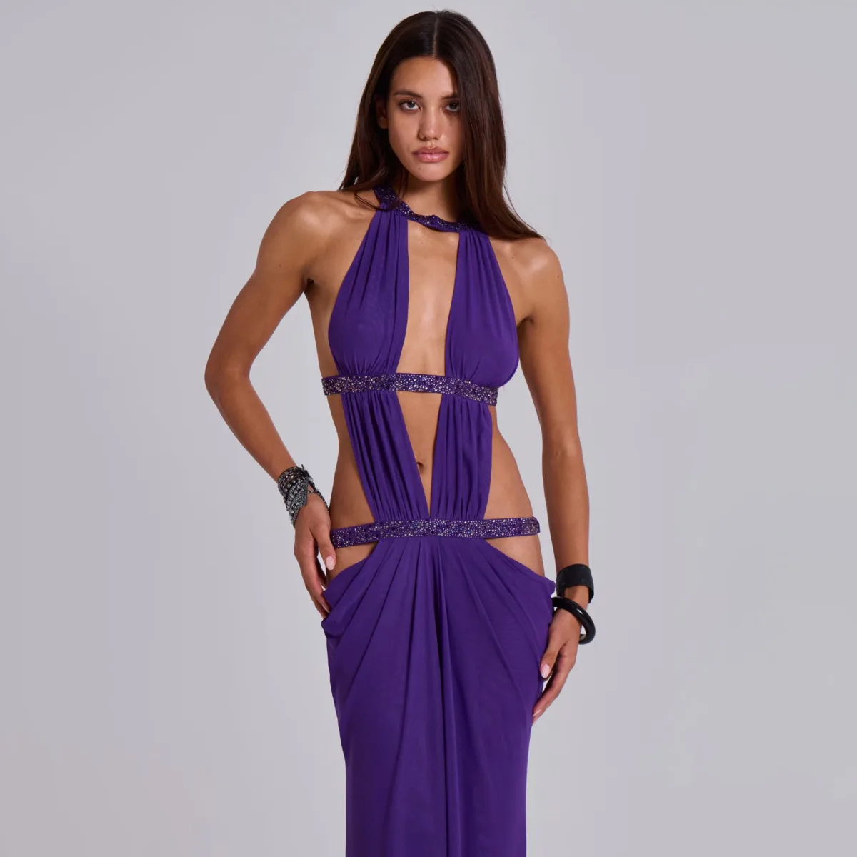 KWTX セクシーな背中見せホルターネックマキシ丈ワンピース カットアウト パッチワーク 細見え ボディコン デザイナー エレガント ミニマリスト 快適 プレミアム カジュアル