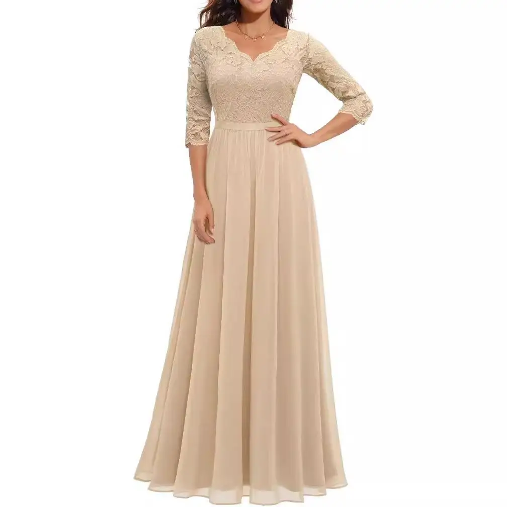 Ele Lace Splice Long Dr Waist-Cinching Gown in 6 Colors 4 Sizes Polyester Fabric Regular Sve Seven-Quarter Length