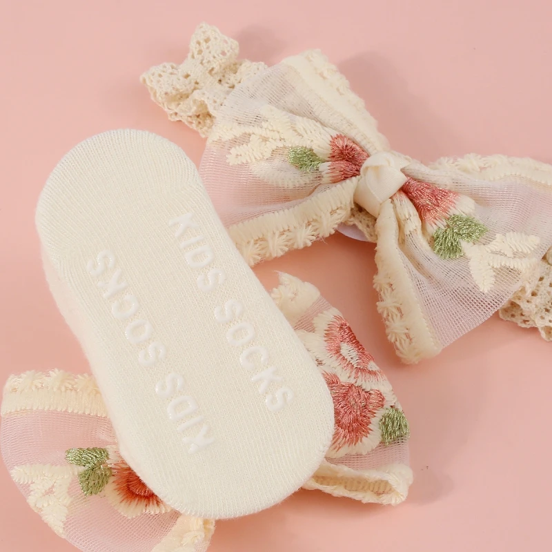 Baby Girls Headband Socks Set Lovely Pearl Bows Non Slip Cotton Sock Lace Flower Newborn Hair Band Turban Girl Hair Accessories image 5