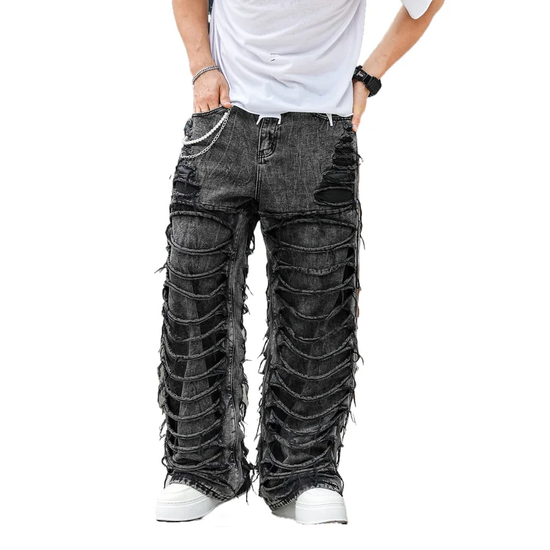 Men's High Street Destroyed Jeans Pants High Street Loose Fit Vibe Style Y2K Denim Trousers Streetwear Ripped Hip Hop Jeans
