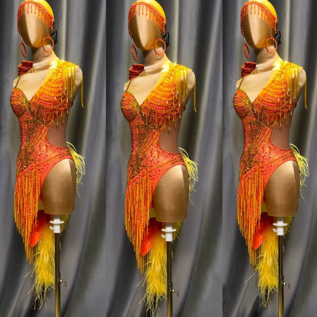 

Latin Dance Adult Children'S Dress AB Stone High-End Custom Orange Sweetheart Dress Cha Cha Tango Women'S Clothing