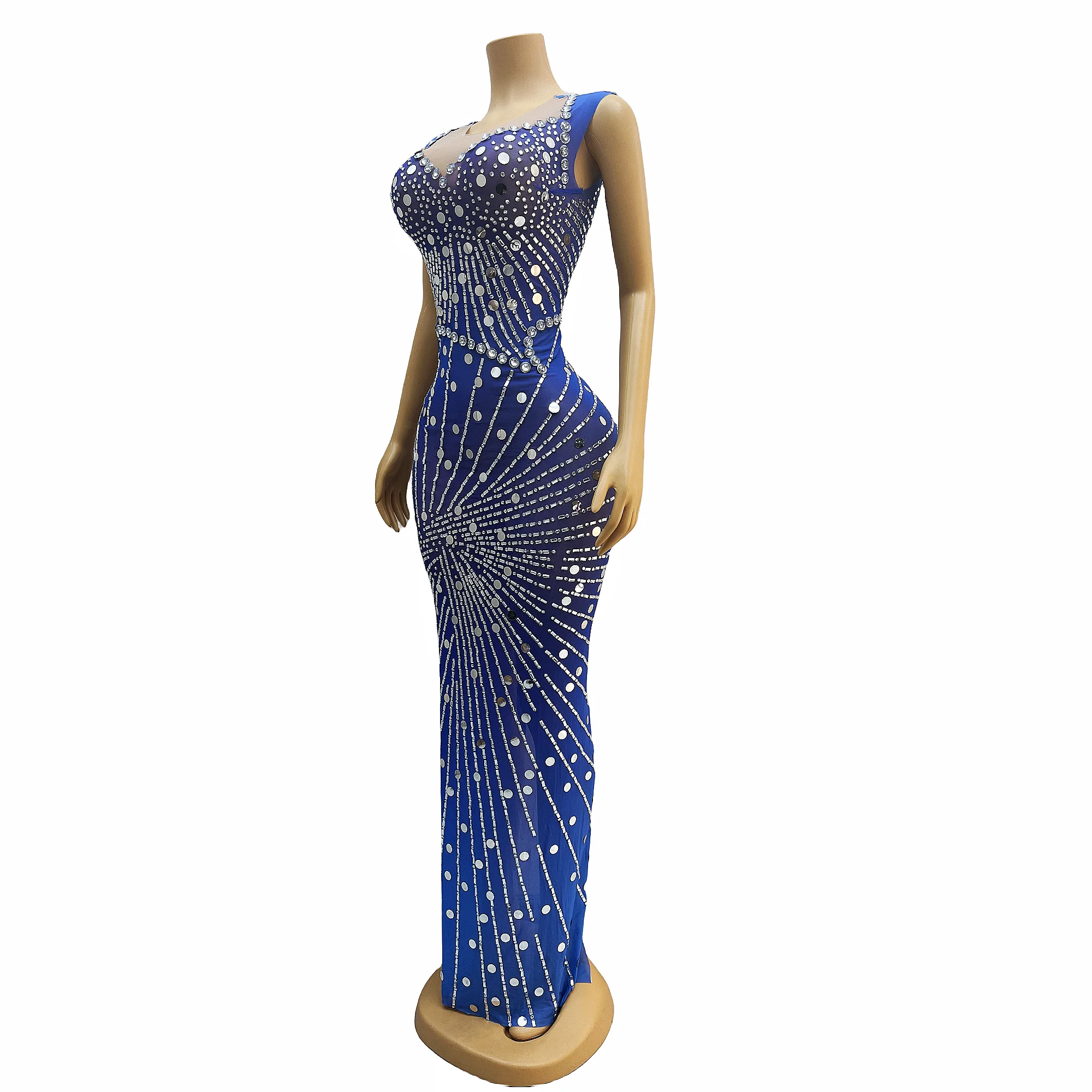 Sexy Silver Sequins Rhinestones Blue Dress Outfit Photo Shoot Dance Nightclub Costume Female Singer Dance Wear lanwen