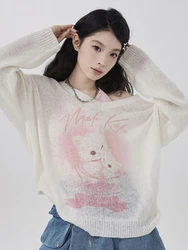 Autumn Loose Grunge V Neck Long Sleeve T-Shirt Fashion Sweet Kawaii Cat Print Women Tshirts Casual Knitted Chic Tee Shirts Y2k