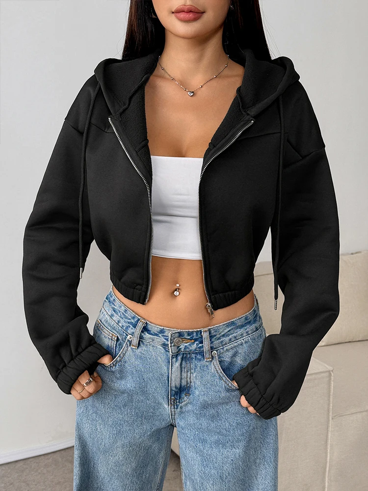 Winter New Women Coat Hoodie Streetwear Fashion Long Sleeves Lace-up Crop Top Hoodie Casual Slim Lady Versatile Sports Clothing