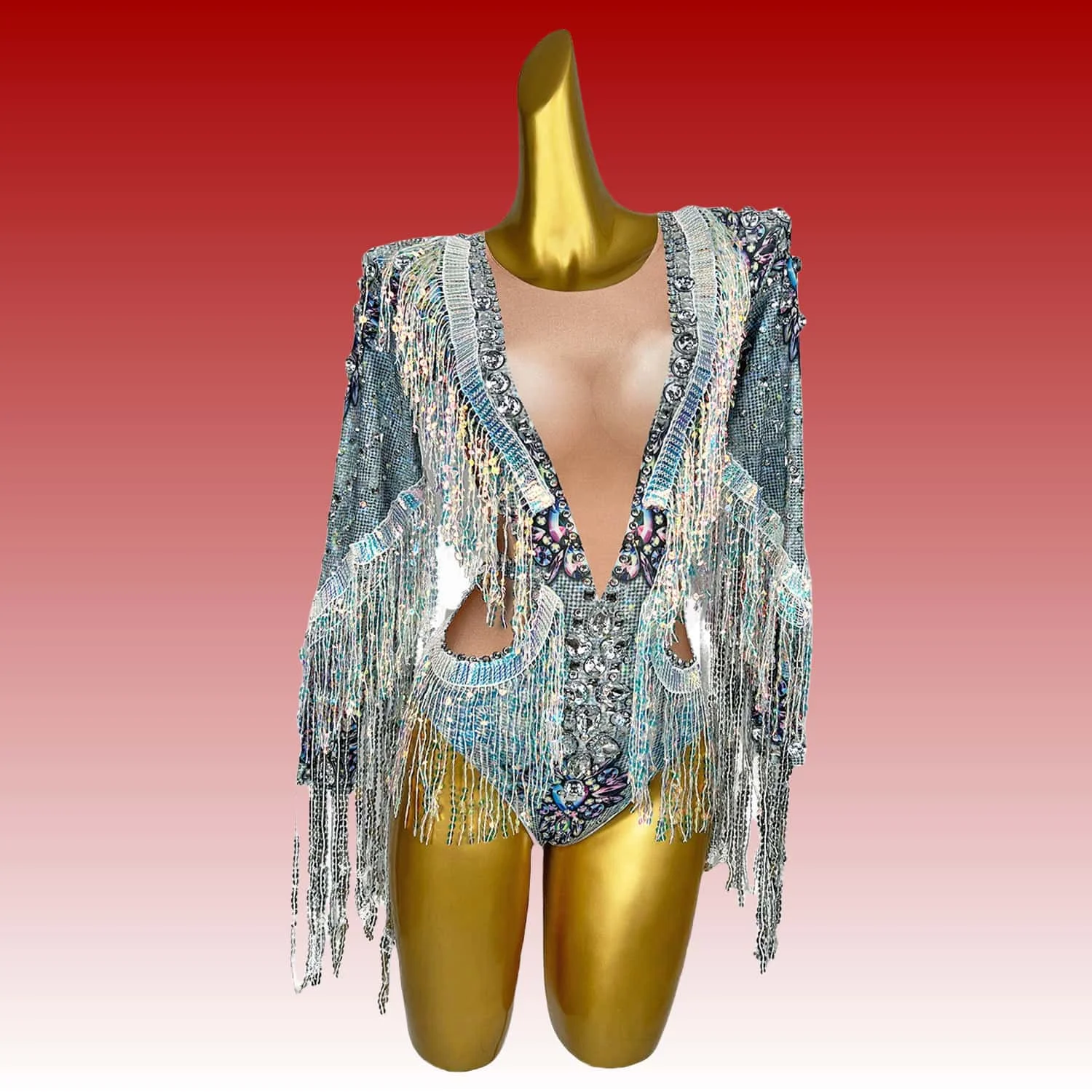 Qiaqia Sparkly Sequin Tassel Leotard Sexy Crystal Long Sleeve Bodysuit Women Nightclub DJ Clothing Stage Singer Perform Costume