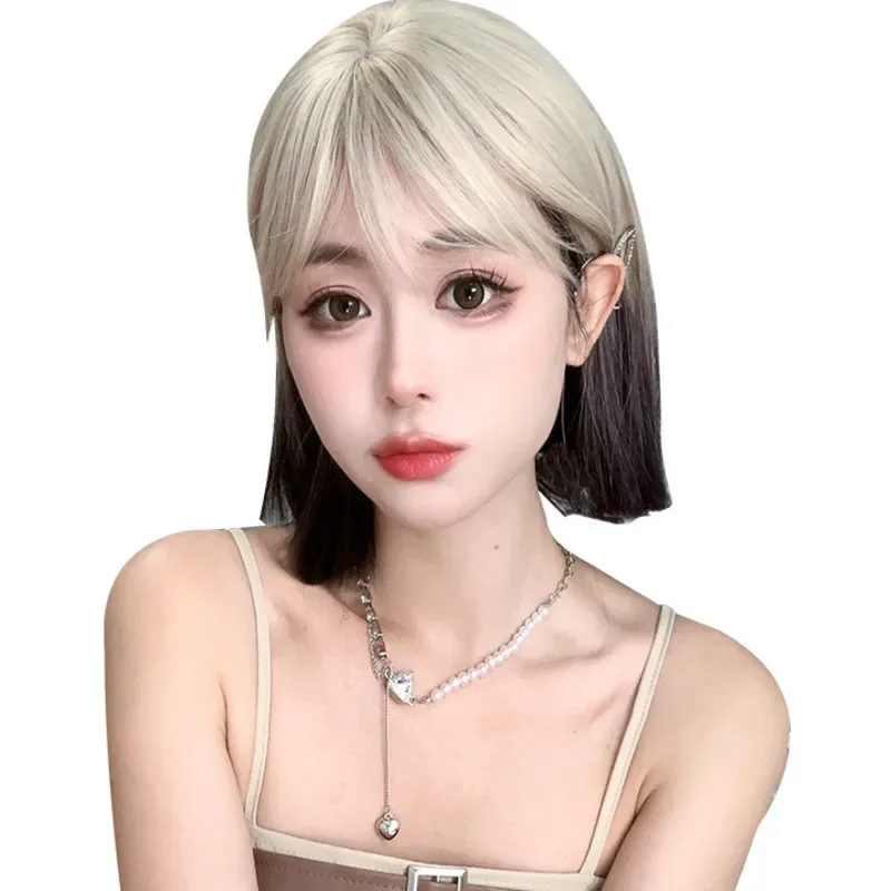 FC6Short Straight Hair Fashion Creamy Gradient Black Sweet Natural Full Head Cover Cosplay Lolita Daily Wigs Heat Resistant@FC8！