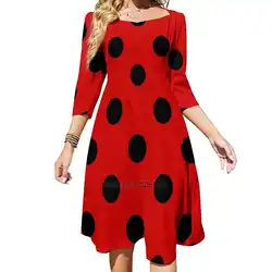 Extra Large Black On Red Polka Dots Square Neck Dress Summer Dress Women Elegant Halter Print Dress Extra Large Black Polka