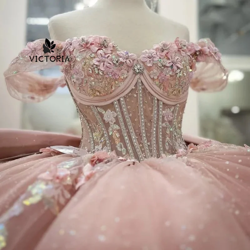 

Shiny Pink Quinceanera Dress off-shoulder Lace ruffle glitter flower decal Long tail Bow vestidos de 15 Quinceanera ﻿Customize