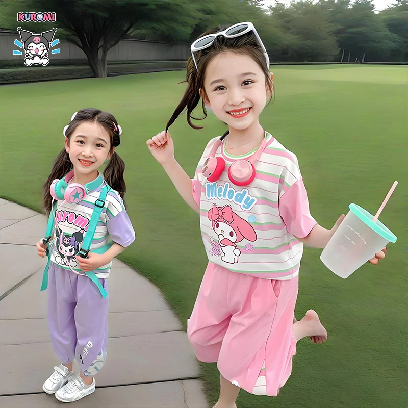 

Детский комплект в стиле аниме Kawaii Kuromi, костюм с короткими рукавами, эластичная талия, мягкий материал, спортивная одежда для мальчиков и девочек, спортивная одежда на открытом воздухе