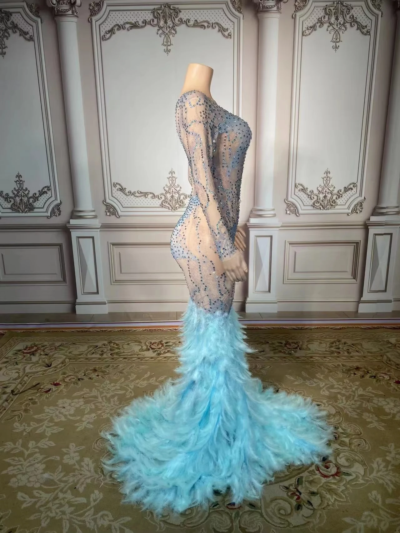 ZD Wunderschönes Mesh-Pailletten-Feder-Glam-Kleid, sexy, transparent, Feiern, Abendkleid, Geburtstag, Strass-Kleid für Frauen