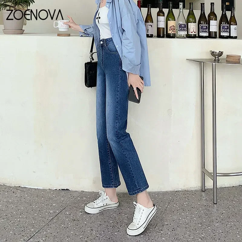 ZOENOVA Spring Women Straight Wide Leg Denim High Waist Nine Points Pants Casual Office Lady Y2K Design Stylish Versatile XS-XL