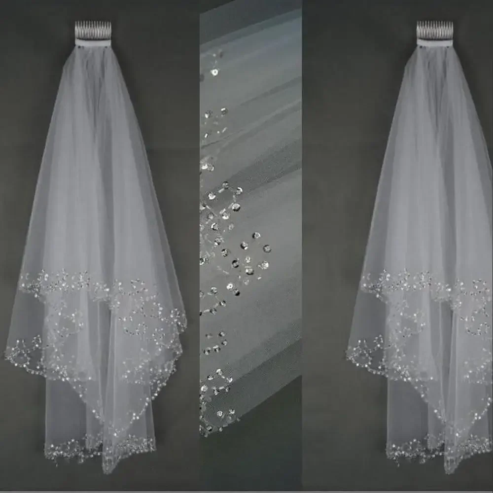 Voile de mariage court blanc ou ivoire avec bord en cristal, peigne perlé, pour patients de la mariée