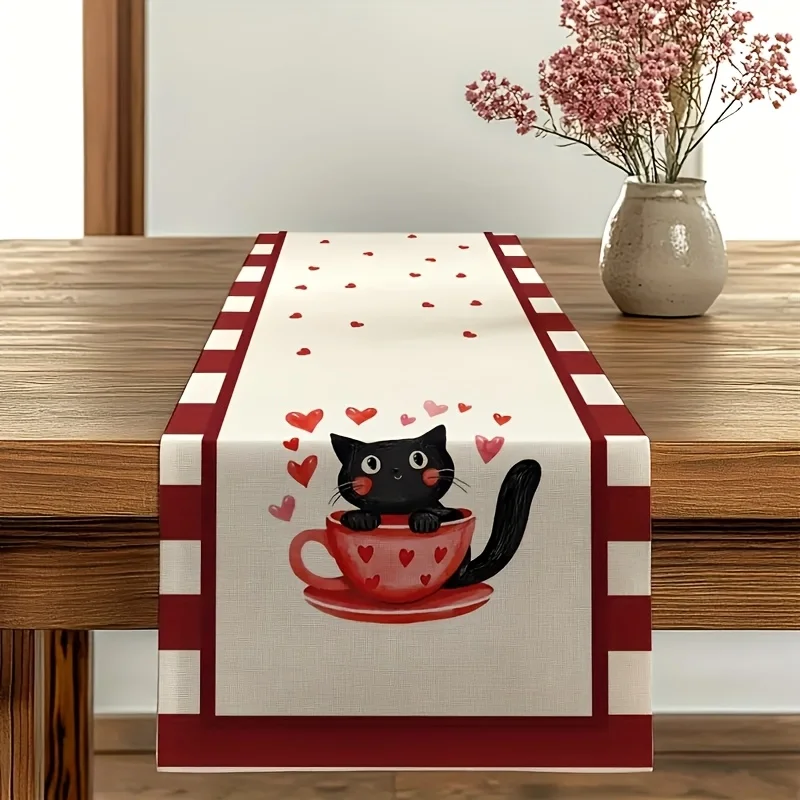 Valentine's Day Linen Table Runner - Cat & Heart Plaid Woven Rectangular for Romantic Dining & Party Decor