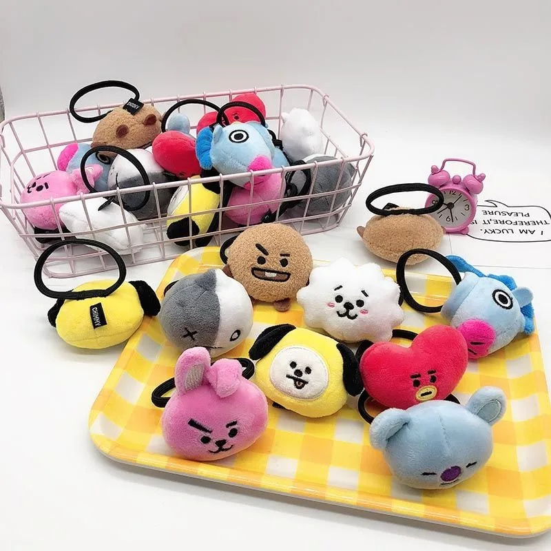 Kawaii Bt21 Plush Hair Rope Anime TATA COOKY CHIMMY RJ Doll Image Ponytail Tie Cartoon Elastic Hair Rope Accessories Fun Gift