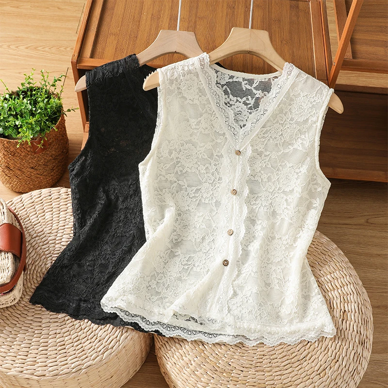 Korean Style Lazy V-Neck Lace Trim Heavy Duty Base Shirt Women Summer Design Casual Sleeveless Top Breathable Cotton Blend
