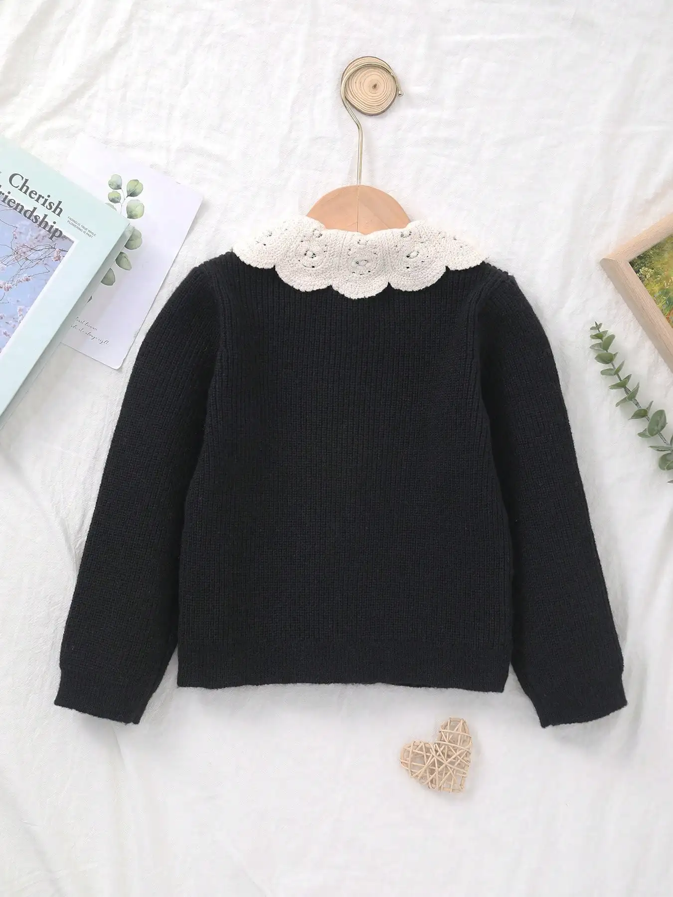 Baby Girl's Knitted Embroidered White Lace Collar Embellished Cardigan Sweater