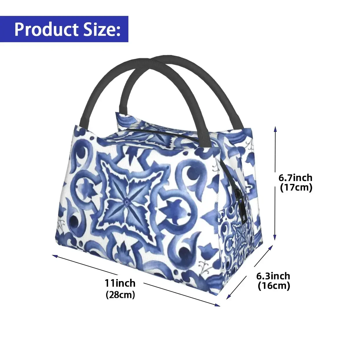 Borse per il pranzo in piastrelle siciliane mediterranee floreali ornate blu Borsa per il pranzo portatile Bento Box isolata per la scuola dei