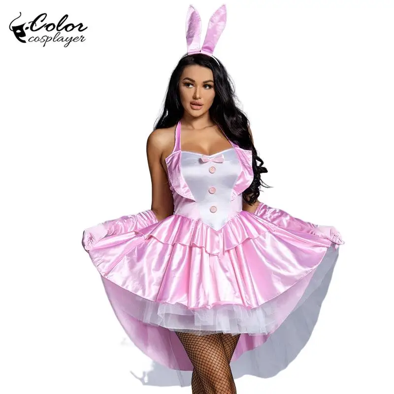 Kleur Cospalyer Roze Konijn Meisje Jurk Pak Halloween Anime Cosplay Driedelige Set Vrouwen Sexy Vermomming Kostuum Feestuniform