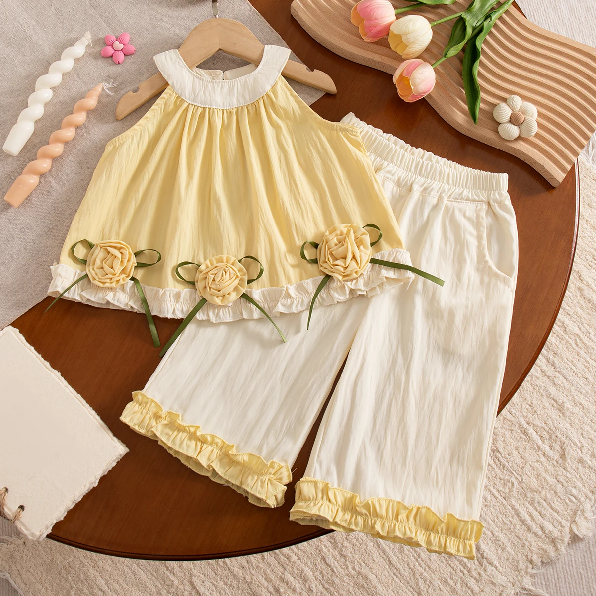 Toddler Girl Set Yellow 3d Rose Bow Sleeveless Tops with Wide Leg Pants Korean Style Set Girls Summer Outing Clothing