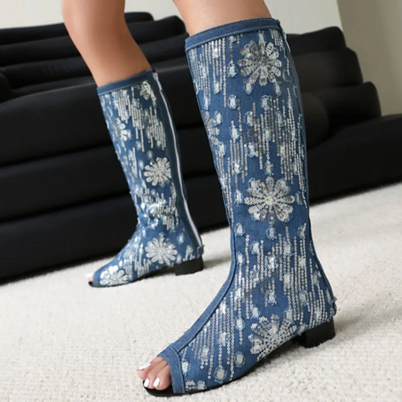 

Women's Peep Toe Knee High Boots Chunky Heels Zipper Summer Sandal Boots Denim Sequins Sandals Dress Boots Plus Size 45