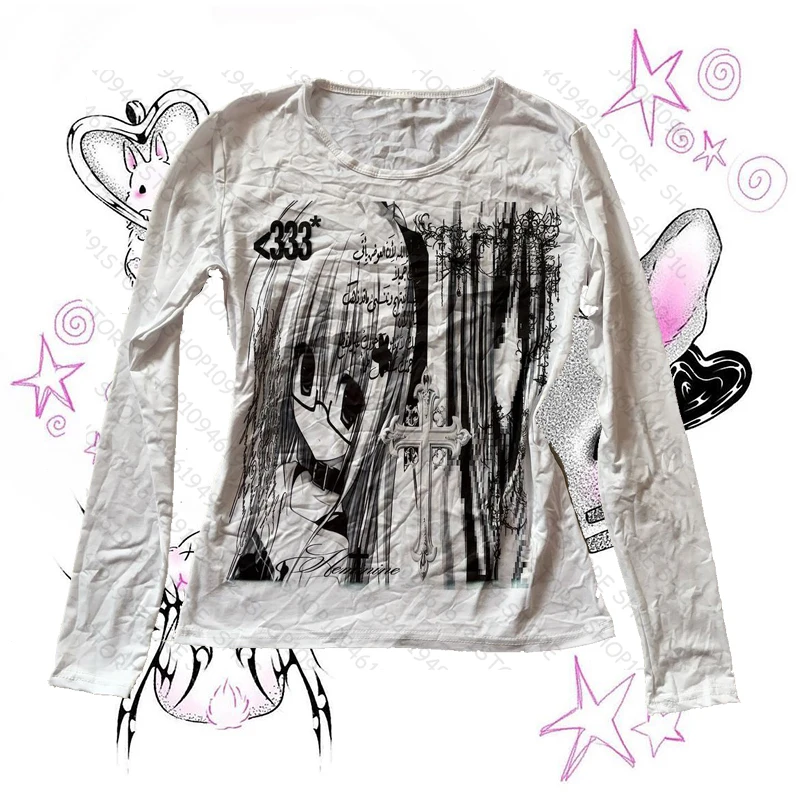 Grunge Clothes For Women Graphic Tees Y2k Tops Shoujo Girl Style Clothing Female 90s Clothes Vintage Long Sleeve Women's Cropped