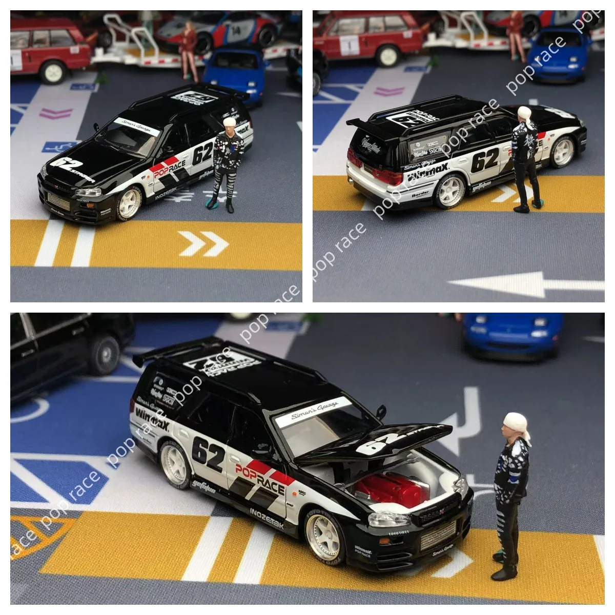 

1/64 НОВЫЙ гараж Pop Race Stagea R34 Simons # 62 Черный PR64-0211 с литой под давлением фигуркой, коллекция автомобилей, ограниченная серия