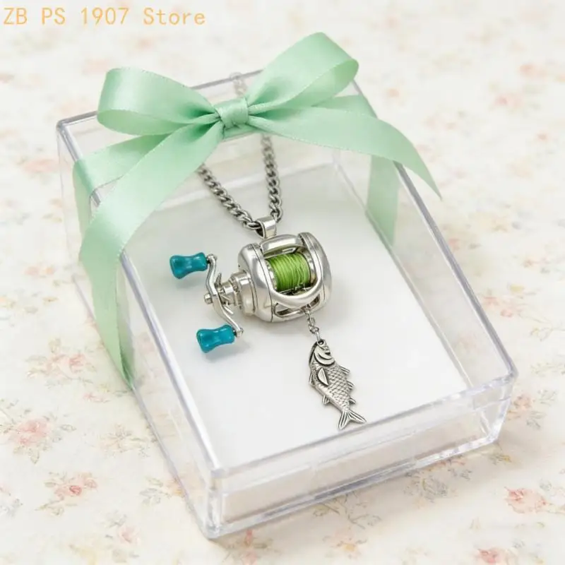 Exquisite Fishing Reel Pendant Necklace with Ring Rotating Handle Detail Artistic Jewelry for Enthusiasts and Hobbyists 55KA