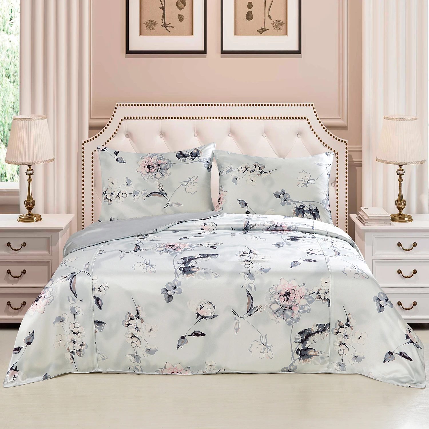 

Silk Bedding Set 4pcs 100% Mulberry Silk Duvet Cover Flat Sheet Pillowcase Pure Soft Printed Colors Many Sizes ls2106