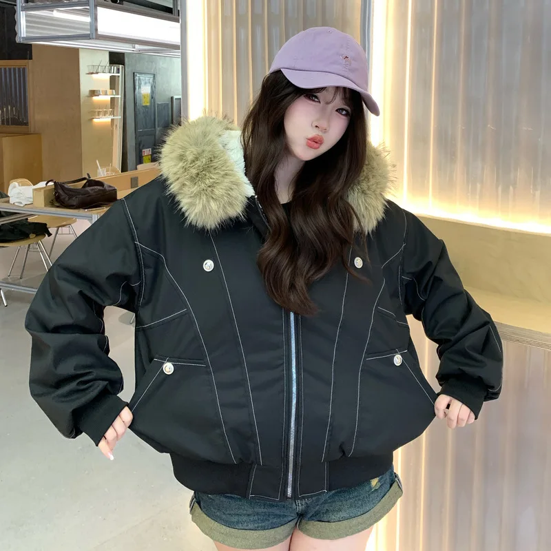 

Хлопковая одежда в американском стиле ретро с большим меховым воротником, женские парки, зимние парки, свободная толстая короткая куртка для пар, верхняя одежда
