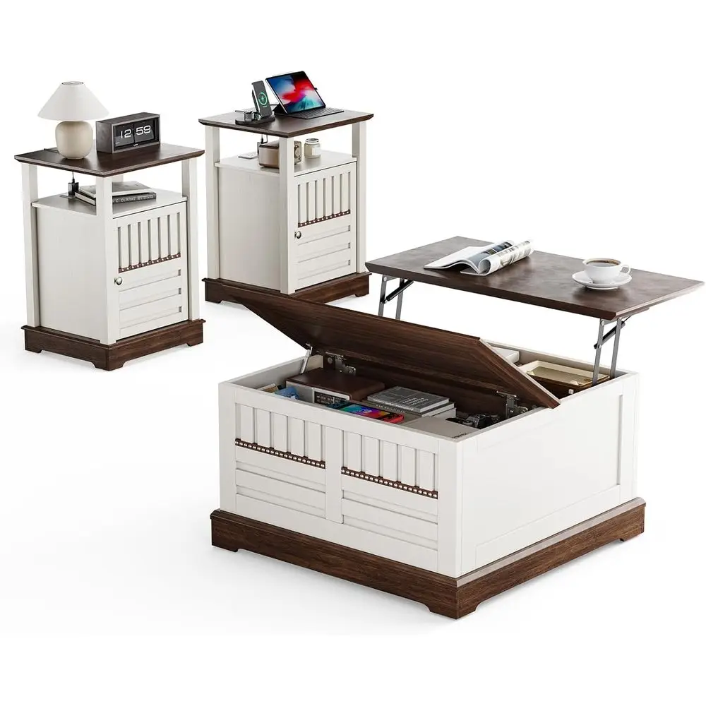 

Rustic 3-Piece Coffee Table Set with Lift-Top Storage and Charging End Tables for Living Room