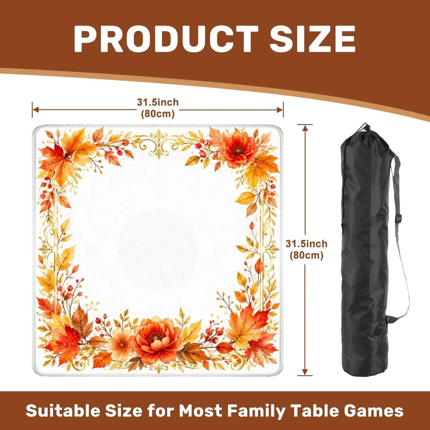31.5 Inch Neoprene Luxury Mahjong Mat 3mm Autumn Floral Leaf Watercolor Frame Non Slip Noise Reduction for Mahjong Card Games