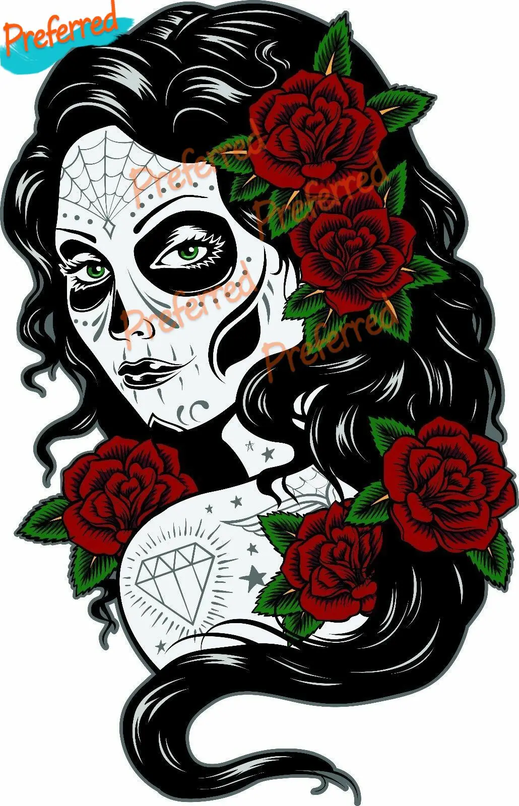 Mexican Tattoo Sugar Skull Pin Up Girl Sticker Decal-100mm Scary Skull Beauty Skull Boutique Decals for Your Home, Car, Coolers