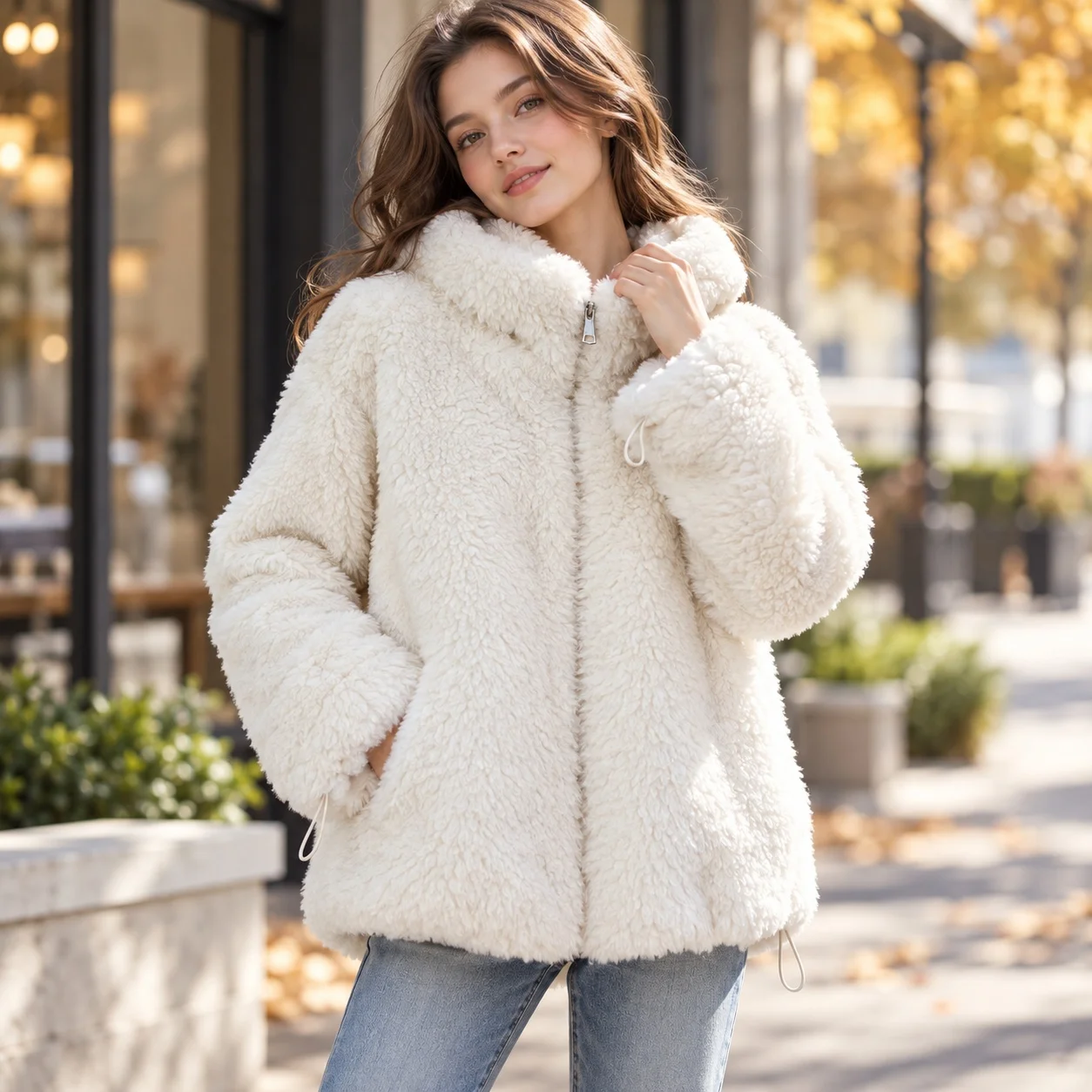 Pockets Hooded Coat Mid Length Casual with No Hood Sweet and Fresh Loose Fit Flared Cuff Long Sleeve Autumn Women Jacket