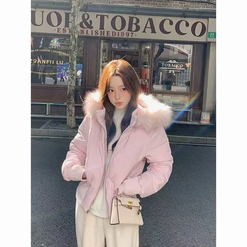 Women Cropped Puffer Jacket Fur Collar Hooded High-Waist Parkas Warm Thick Cotton Padded Jacket Winter Clothing Snow Suit Coat