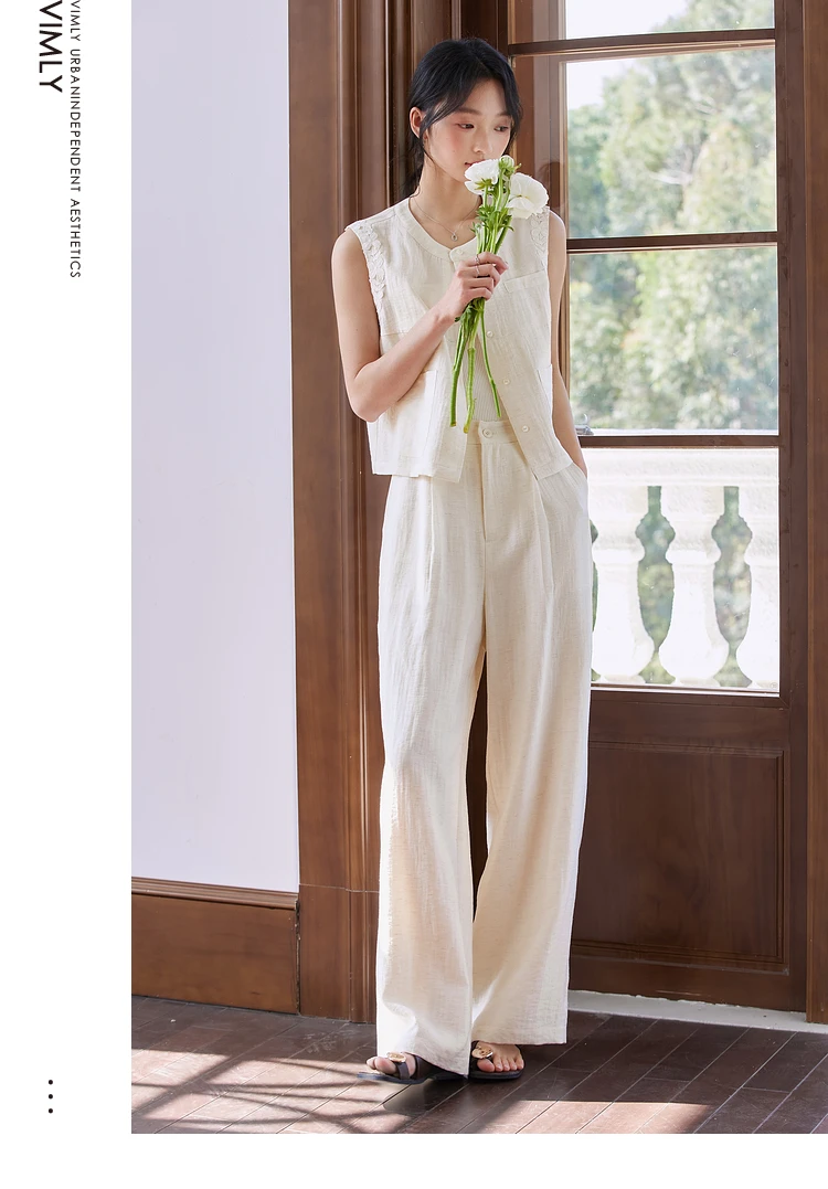 VIMLY Fashion Temperament Suit Women's Summer 2025 New Design Sleeveless Vest Wide-leg Pants Two-piece Set A0820