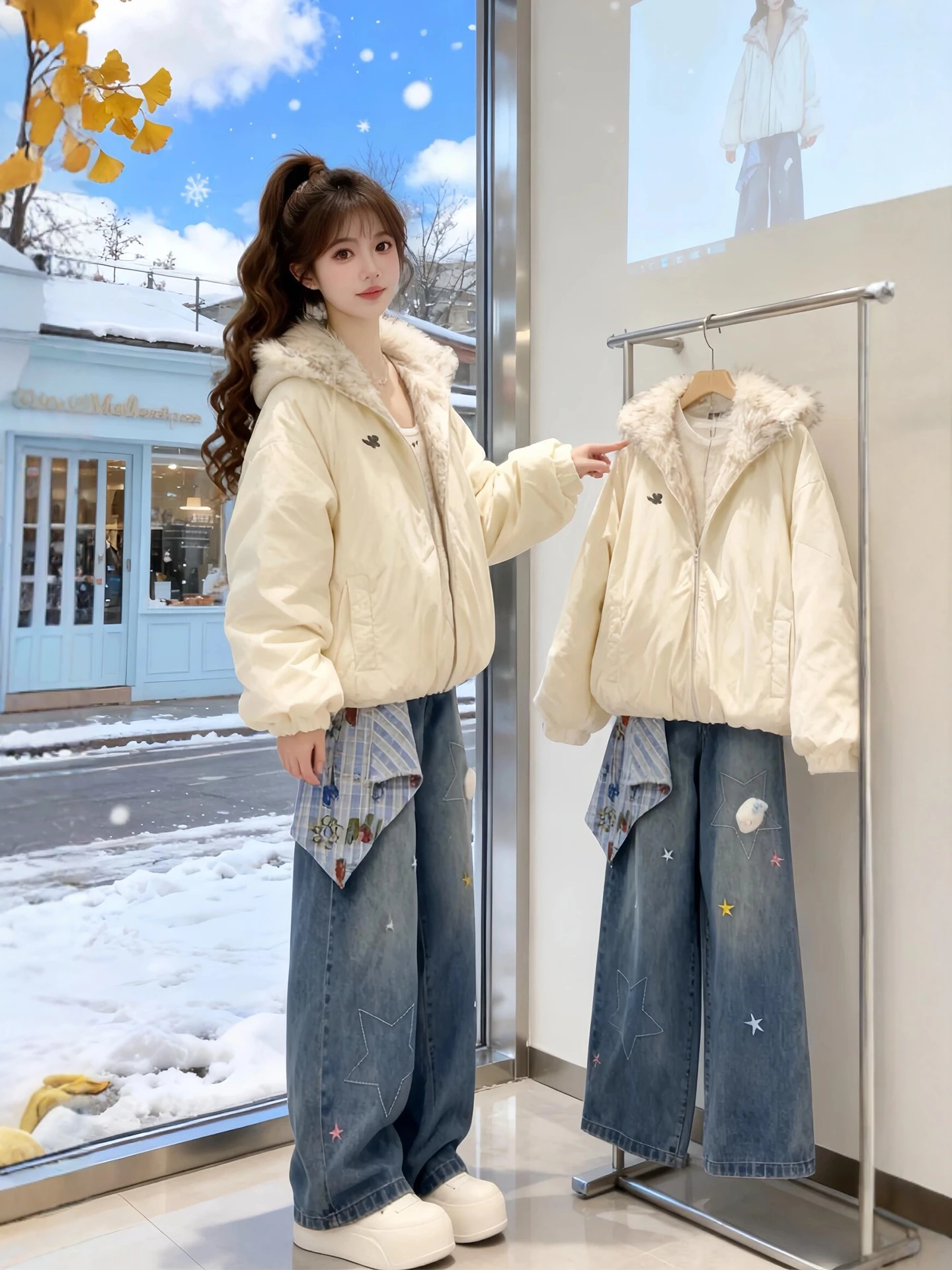 

Winter Faion plus Size Women's Hooded Cotton Jaet And Jeans Set Korean Sle High Waist Long Sve Warm Casual Outfit
