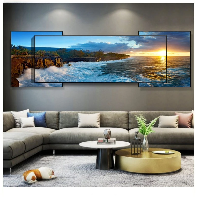 

Living room background wall, decorative painting, triple stacking, landscape