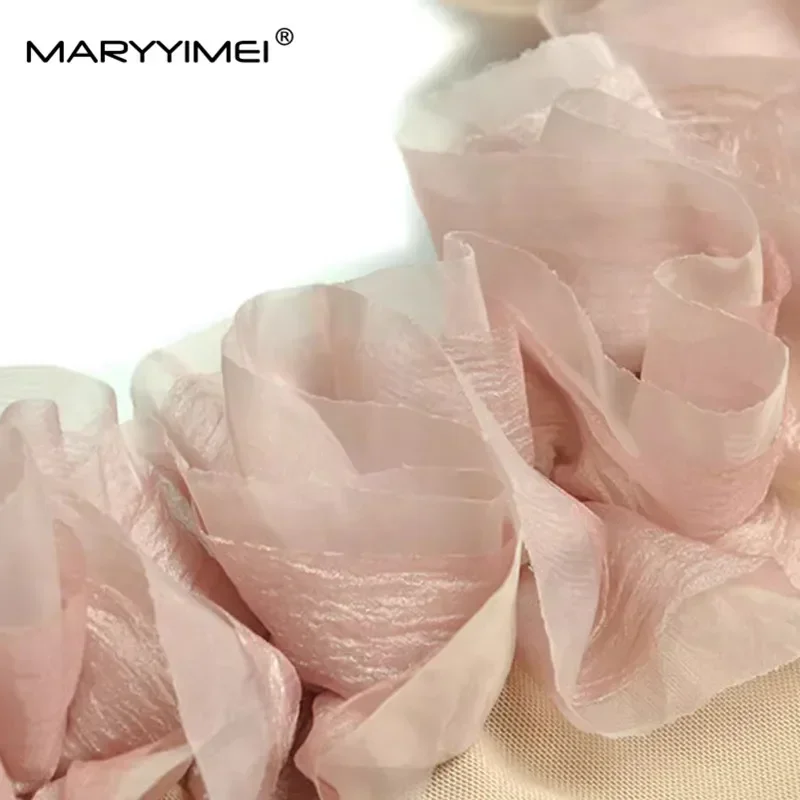 MARYYIMEI 夏の女性の夜会服ドレス スラッシュネック 長袖 メッシュスプライシング ティアードフリル ビッグスイングパーティードレス