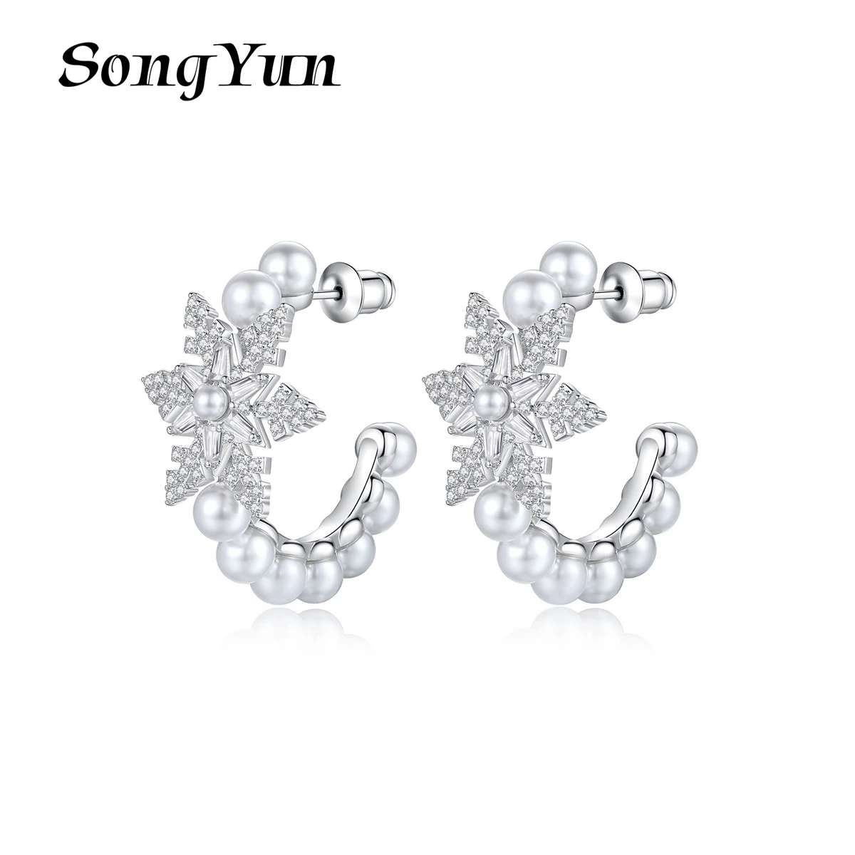 

SongYun Jewelry Manufacturer MHT New Creative European And American Snowflake Pearl Lady Zircons Earrings Earrings