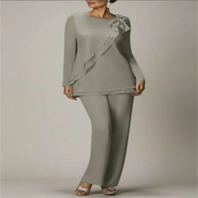 

Beach Wedding Two Piece Pantsuit Mother of the Bride Wedding Guest Elegant Plus Size Jewel Neck Floor Length Chiffon Long